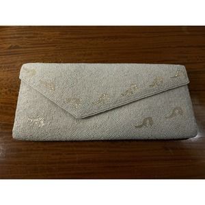 Ivory Vintage Beaded Snap Clutch Purse 11" - Unique Details, Made in Hong Kong